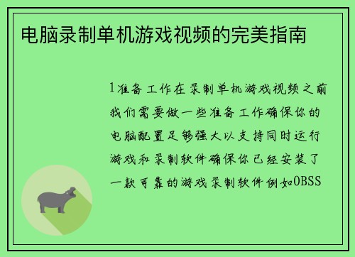 电脑录制单机游戏视频的完美指南