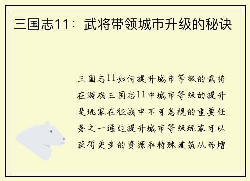 三国志11：武将带领城市升级的秘诀