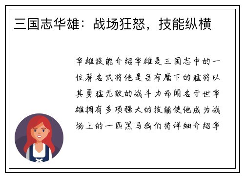 三国志华雄：战场狂怒，技能纵横